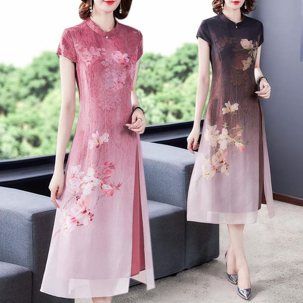 

chinese style dress for women long summer 2021 ladies improved cheongsam printed imitation silk rv55 ethnic clothing, Red