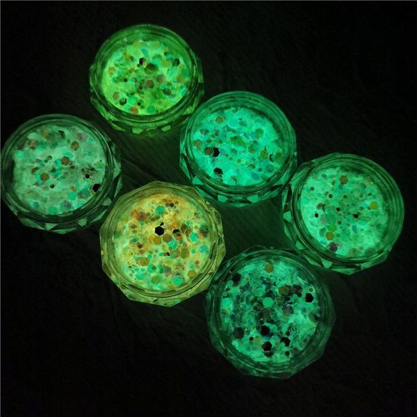 

nail glitter 6boxes mermaid glow in the dark sequins 3d art mixed holographic chunky flakes uv gel supplies, Silver;gold