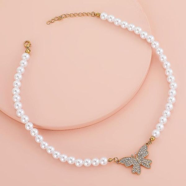 

pendant necklaces fashion temperament white imitation pearl inlaid zircon alloy butterfly women neck clavicle chain necklace jewelry gifts, Silver