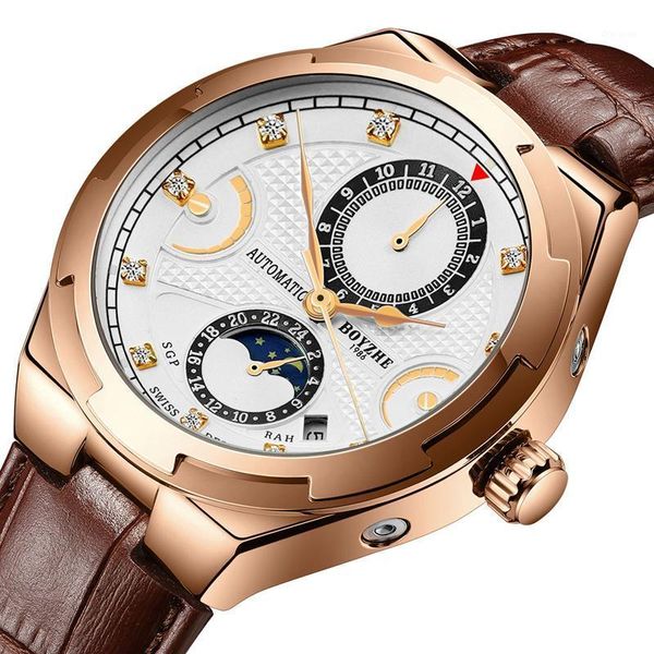 

automatic watches mens brand leather mechanical watch men waterproof sport male classic clock relogio masculino wristwatches, Slivery;brown