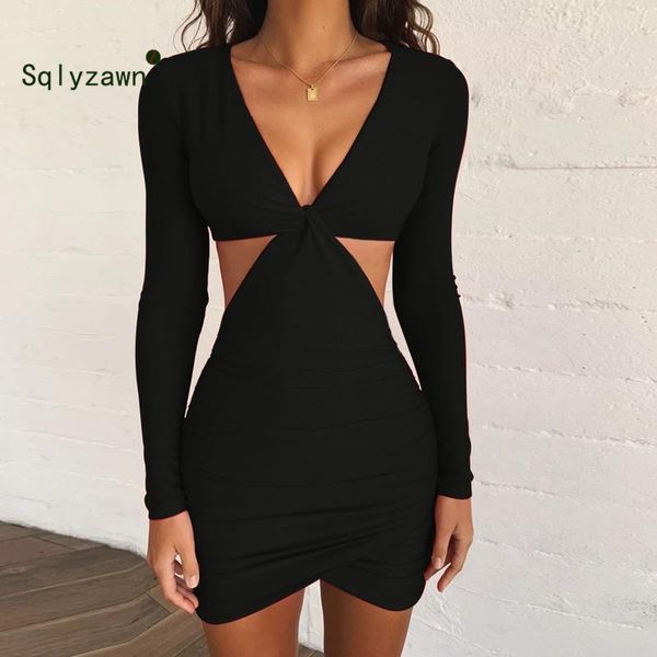 

casual dresses black red hollow out women autumn fleece dress 2021 long sleeve v-neck bodycon pleated short beach party, Black;gray