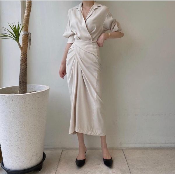 

casual dresses women summer fashion elegant chic solid pleated party dress vintage turn-down collar folds office lady slim korean, Black;gray