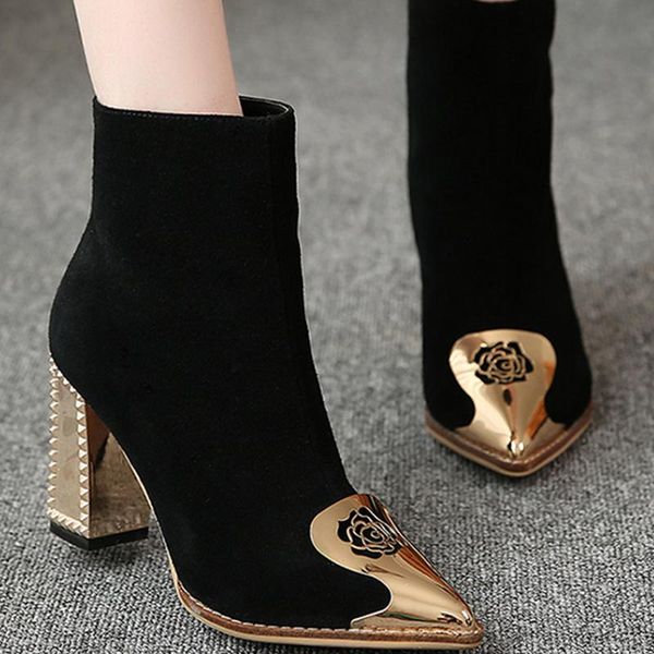 

boots women's 2021 ankle for women casual fashion winter metal deco rubber flock black bootie high heel ladies shoes
