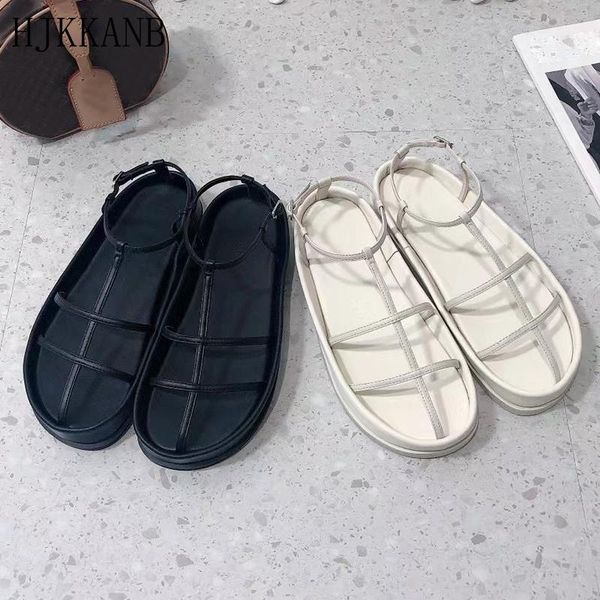

sandals 2021 summer flat women narrow band roma style platform sandalias real leather comfort casual beach shoes dress, Black
