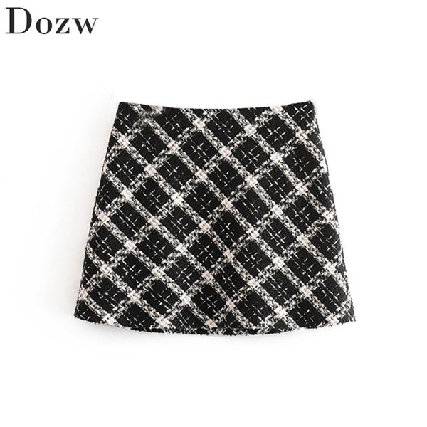 

women fashion mini plaid skirt a line bodycon casual lady skirts tweed streetwear bottoms summer vintage elegant ropa mujer 210515, Black