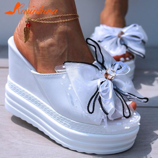 

slippers karin 2021 ins sweet bow wedges high heels casual summer platform shoes women sandal, Black