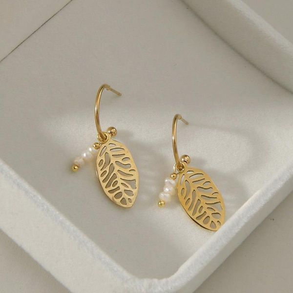 

stud earrings for women hanging leaves pearl titanium steel korean 2021 trendy statement pendientes, Golden;silver