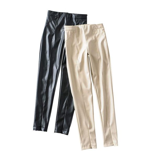 

women's pants & capris women slim pu leather stretch zipper female autumn winter pencil plus velvet trousers, Black;white