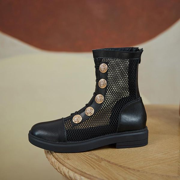 

cool boots genuine leather mesh zipper female pumps spring summer round toe square high heel women shoes size 34-43, Black