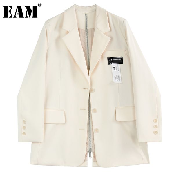 

[eam] women beige big size patch designs zipper blazer lapel long sleeve loose jacket fashion spring autumn 1dd7118 21512, White;black