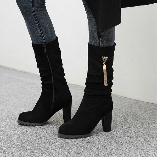 

zawsthia flock faux suede boots for woman pleated winter mid-calf booties for women elegant ladies high heels boots size 33-48 210611, Black