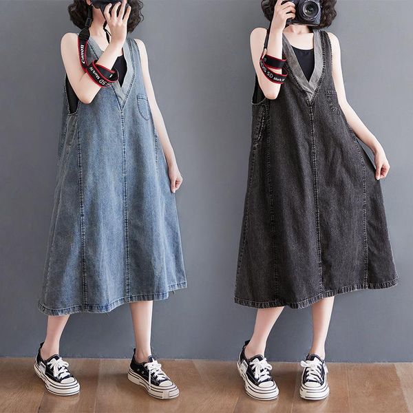 

casual dresses loose v-neck women's clothing in 2021 the summer dress big yards long belly cowboy braces, Black;gray