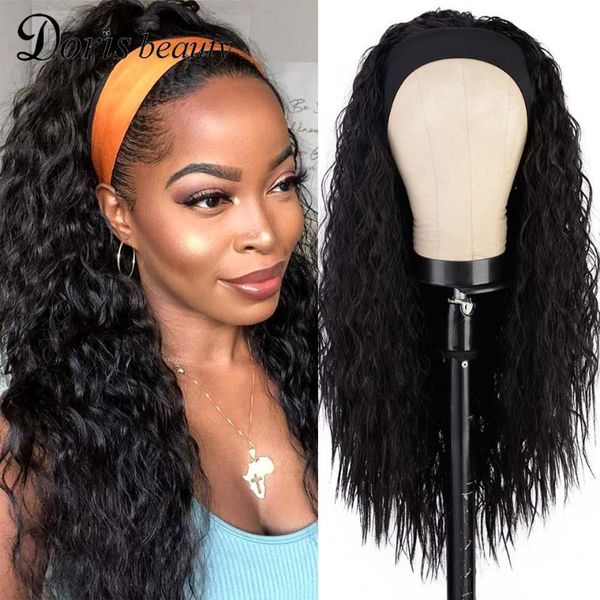 

synthetic wigs doris beauty afro kinky curly headband wig water wave grip scarf no plucking glueless for women, Black