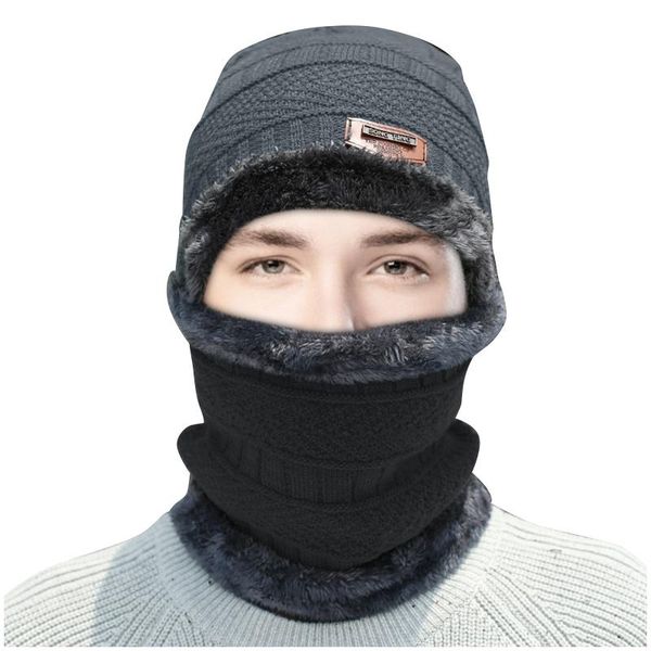 

berets winter thermal plush beanie hat men women scarf woolen cap solid color cycling warm breathable windproof two-piece suit #t3p, Blue;gray