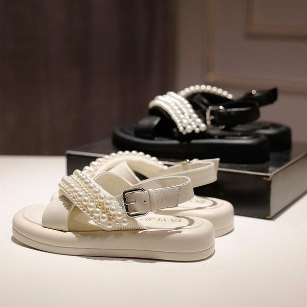 

sandals pu for women's outer wear 2021 summer style fairy flat roman casual soft thick-soled solid adies, Black