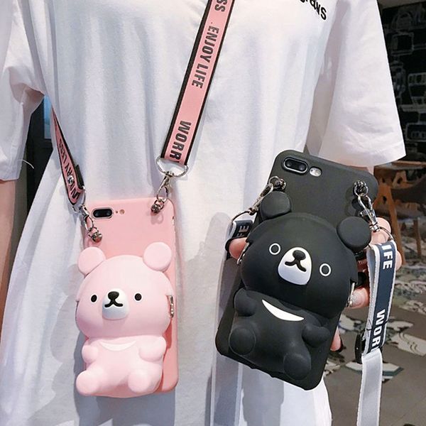 

cute 3d cartoon bear wallet phone case for iphone 8plus 11pro 6 7 8 x xs max xr card lanyard mobile soft silicone phone bag para