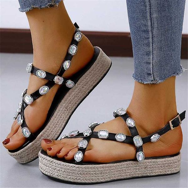 

women sandals summer woman fashion wild buckle diamonds solid color women's casual female beach shoes plus sizes 35-43, Black