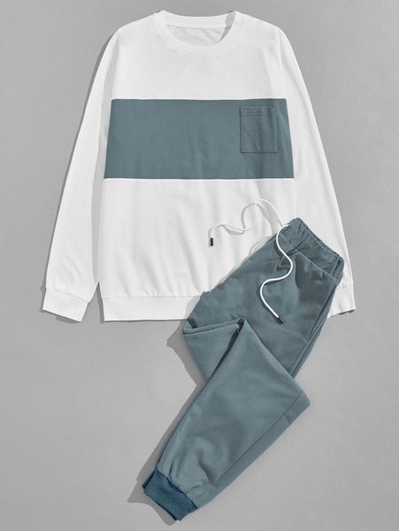 

men pocket patched color block pullover & drawstring waist sweatpants 198n#, Gray