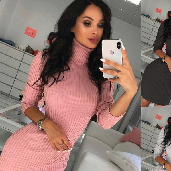 

turtleneck women dress sweater solid long sleeve autumn winter mini fashion ladies comfortable bodycon, Black;gray
