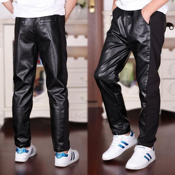 

trousers 4-18t boys leather pants 2021 children boy casual patchwork fashion elastic waist black high quality, Blue