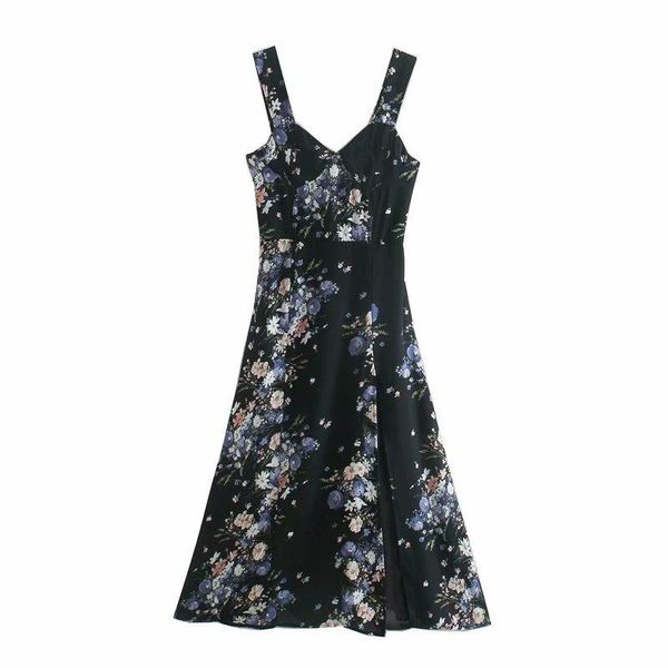 

women dress floral print spaghetti strap mid-calf v-neck split female fashion casual clothes dresses, Black;gray