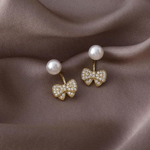 

stud 2021 arrival trendy korean sweet simulated-pearl bowknot zircon earrings for women fashion metal jewelry oorbellen gifs, Golden;silver