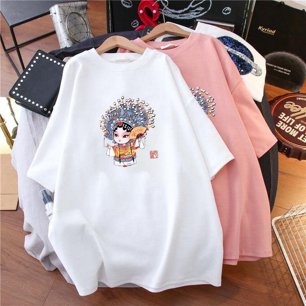 

large size women's short-sleeved 2021 summer round neck chinese style printed pattern loose lazy t-shirt y2k, White