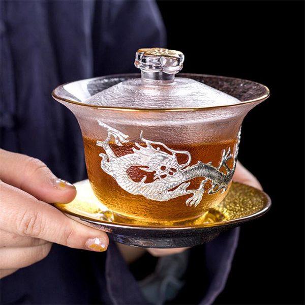 

cups & saucers japanese style transparent glass tea bowl with cover creative hammer pattern large heat resistant teacup home drinkwa