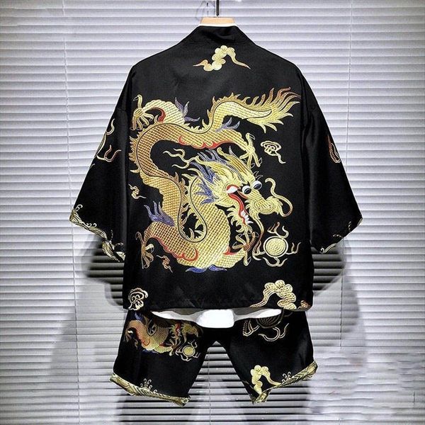 

two piece set emperor hanfu mens tracksuits short sleeve clothing chinese style dragon robe clothes elastic waist sweatpants, Gray
