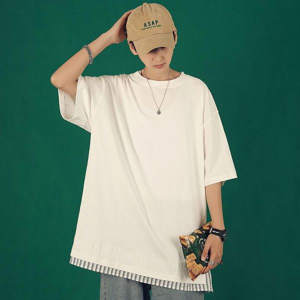 

men's t-shirts summer fake two short sleeve men tshirts loose white black striped spliced oversized fashion harajuku japanese streetwe