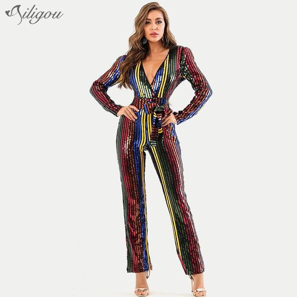 

women's jumpsuits & rompers ailigou 2021 fashion multicolor striped sequins v-neck long sleeve belt design celebrity party jumpsuit, Black;white