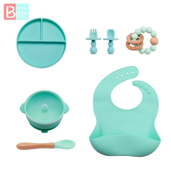 7PCS Baby Feeding Set BPA Free Food Grade Silicone Forchetta Cucchiaio Piatti Piatto Ciotola Forniture Stoviglie per bambini 211026