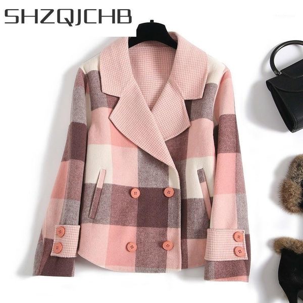 

coat 100% wool short women double-sided jacket korean pink plaid overcoat abrigos mujer elegante cya0290 kj women's & blends, Black