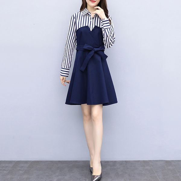

dress women 5xl autumn stripe splice false two parts casuals ol a long female belt aleeve dressed lq690 9ojf, Black;gray
