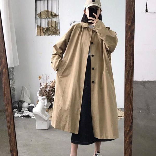 

women's trench coats long coat women loose simple korean style all-match ins leisure daily outwear womens oversize sweet solid chic ele, Tan;black