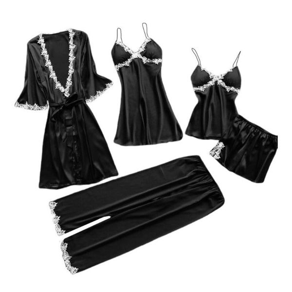 

women's sleepwear 5pcs women lace pajamas set v-neck floral camisole summer, Black;red