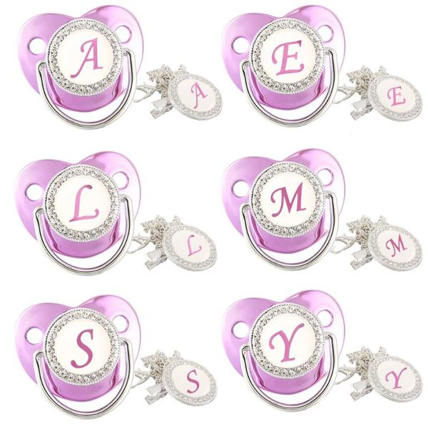

pacifiers# bling 26 name initial letter baby pacifier with clip metal purple silver born dummy soother bpa 0-12 month infant nipple