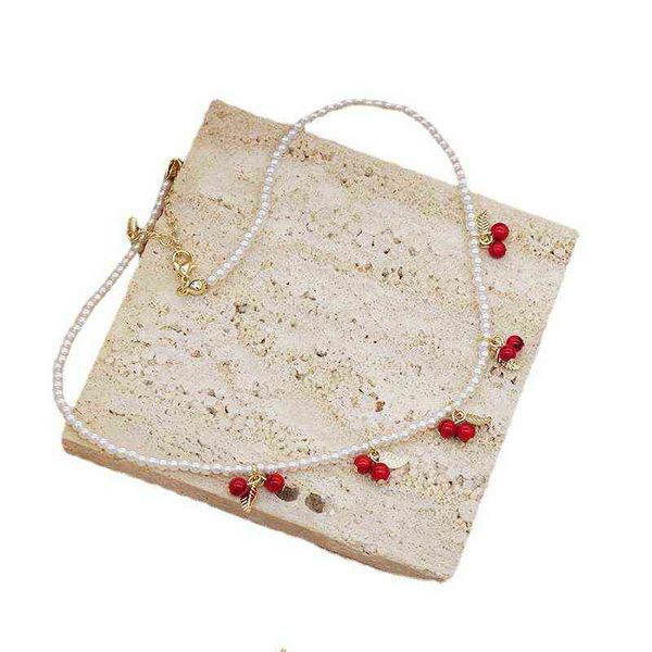 

korean design sense komori red cherry pendant rice bead necklace collarbone chain women's fashion neck, Silver