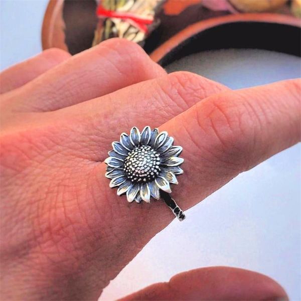 

wedding rings cute female small sun flower ring vintage silver color for women luxury bridal thin engagement, Slivery;golden