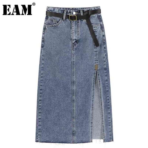 

[eam] high waist blue denim slit burr belt casual half-body mid-calf skirt women fashion spring autumn 1dd6858 210512, Black