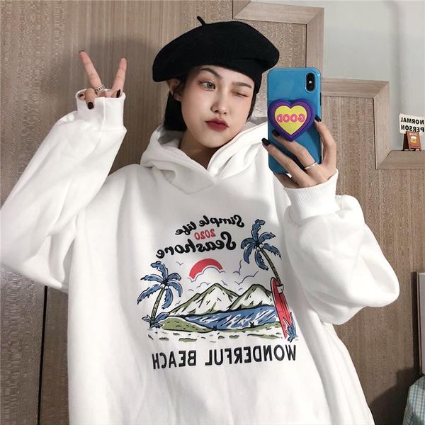 

women's hoodies & sweatshirts 2021 autumn and winter long-sleeved hooded sweatshirt loose versatile casual landscape print hoodie, Black