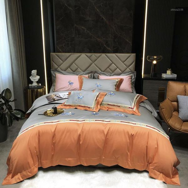 

bedding sets luxurious soft 1000tc egyptian cotton orange gray duvet cover set with linen embroidery el bed sheet pillowcase1