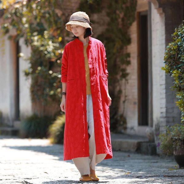 

women's trench coats original retro cotton jacquard jacket women autumn long sleeve thick chinese style coat winter windbreaker was thi, Tan;black