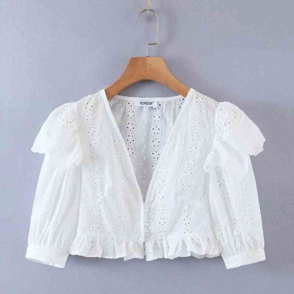 

summer women hollow embroidery deep v neck white short shirt female puff sleeve blouse fashion lady crop blusas s8778 210430