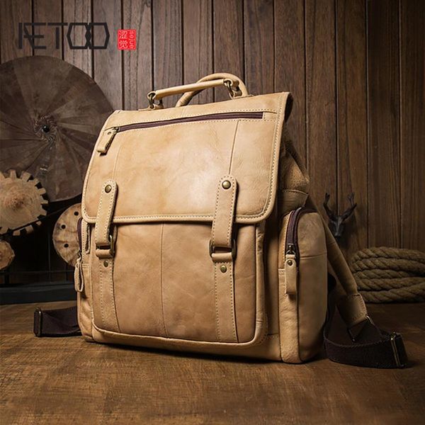 

backpack aetoo leather backpack, men's head layer large-capacity simple trendy fashion