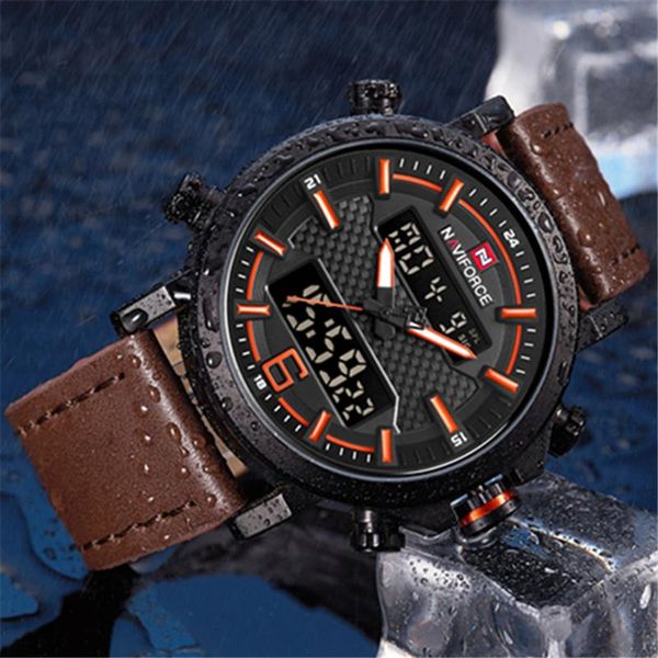 

wristwatches naviforce 2021 fashion men's sport date led men watch leather waterproof quartz male watches analog clock relogio masculin, Slivery;brown