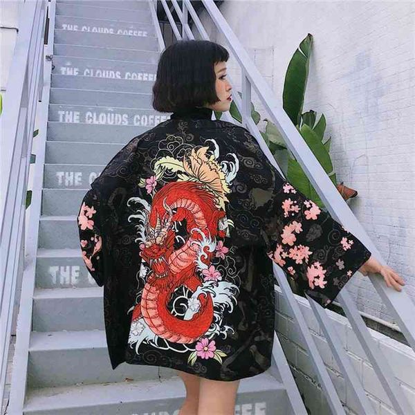 

harajuku shirts women kimons blouse dragon printing causl cardigan summer fashion outwear, White