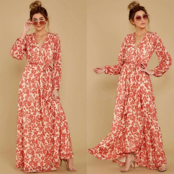 

casual dresses women v neck long sleeve dress female floral ladies summer holiday evening party maxi plus size, Black;gray