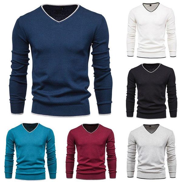 

men's sweaters 100% cotton pullover v-neck autumn slim men navy knitwear sweater fashion 2021 solid color high quality, White;black