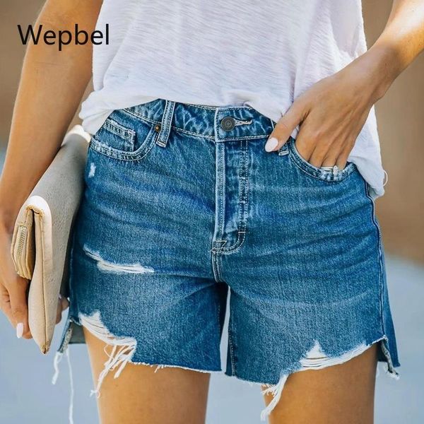 

wepbel short denim pants straight-leg summer women jeans casual ripped mid waist ladies shorts trousers women's, Blue